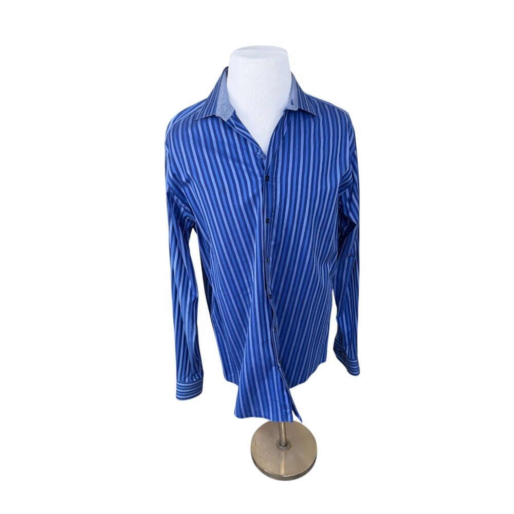 Bugatchi Classic Corpcore Preppy Blue Striped Button Down‎ Dress Shirt Sz L
